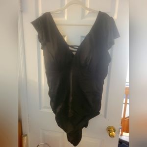 One piece swimsuit, flutter detail and criss-cross front and back